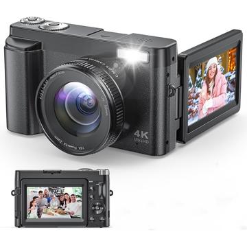 CD01 CD01 4K-Digitalkamera mit 3-Zoll-Flip-Display, 64-GB-Speicherkarte - Schwarz