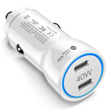 40W Dual USB-C PD Schnelles Autoladegerät mit LED-Lichtring - Weiß