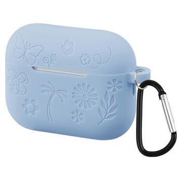 AirPods Pro 3 Blume Muster Flüssigsilikonhülle mit Karabiner - Baby Blau