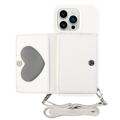 Heart-Serie iPhone 14 Pro Max Hülle mit Geldbörse und Riemen - Weiß