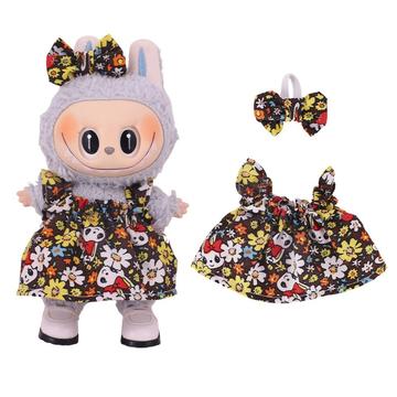 Floral Partykleid & Bowknot Stirnband für Labubu Mini Figur 17cm