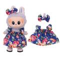 Floral Partykleid & Bowknot Stirnband für Labubu Mini Figur 17cm - Dunkelblau