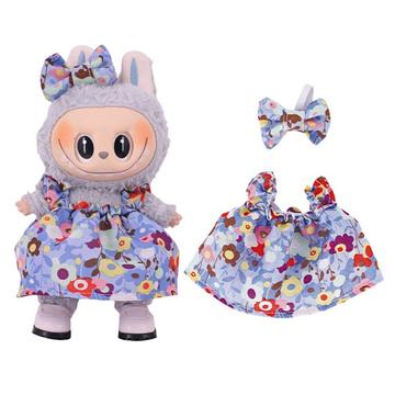 Floral Party Kleid & Bowknot Stirnband für Labubu Mini Figur 17cm - Hellblau