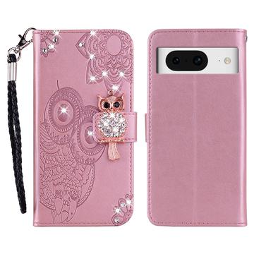 Google Pixel 8 Eule Strass Wallet Case - Rose Gold
