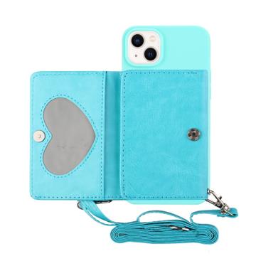 Heart-Serie iPhone 14 Hülle mit Geldbörse und Riemen - Babyblau