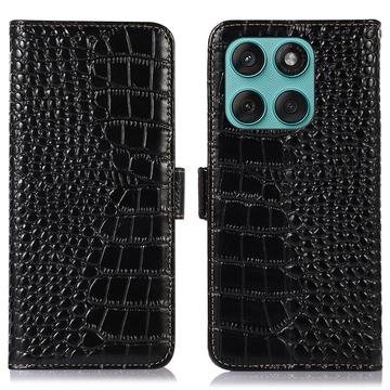 Motorola Edge 60 Fusion Crocodile Serie Lederhülle mit Geldbörse mit RFID - Schwarz