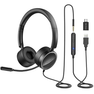 NEU BEE H360 Telefon Headset On Ear 3.5mm / USB Kabelgebundenes Mikrofon mit Rauschunterdrückung und Mikrofon für Computer PC Laptop Stereo