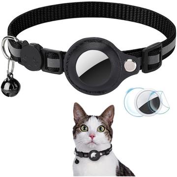 Reflektierendes Haustierhalsband mit AirTag 1/2-Halterung und Glocke - Katzen und kleine Hunde - Schwarz