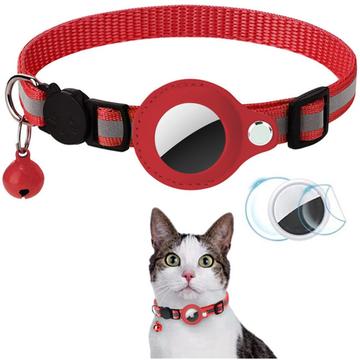 Reflektierendes Haustierhalsband mit AirTag 1/2-Halterung und Glocke - Katzen und kleine Hunde - Rot