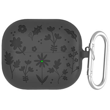 Samsung Galaxy Buds3/Buds3 Pro Blume Muster Flüssigsilikonhülle mit Karabiner - dunkelgrau