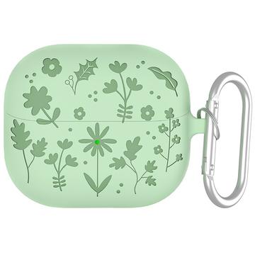 Samsung Galaxy Buds3/Buds3 Pro Blume Muster Flüssigsilikonhülle mit Karabiner - Grün