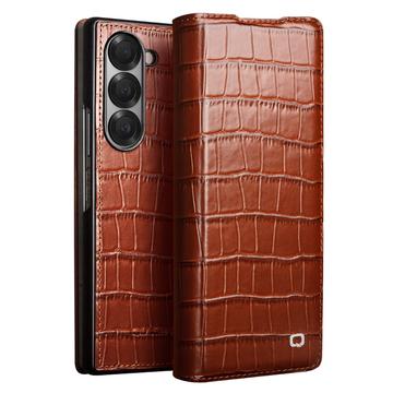 Samsung Galaxy Z Fold6 Qialino Classic Leder Flip Hülle - Krokodil - Dunkelbraun