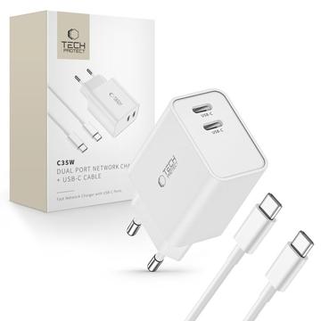 Tech-Protect C35W Dual-Port USB-C Wandladegerät mit USB-C Kabel - Weiß