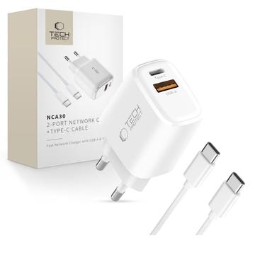Tech-Protect NCA30 Dual-Port PD 30W/QC3.0 Ladegerät mit USB-C Kabel - Weiß