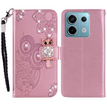 Xiaomi Redmi Note 13 Eule Strass Wallet Hülle - Roségold