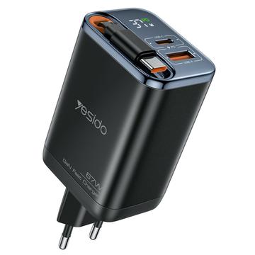 Yesido YC100 67W Schnellladegerät mit einziehbarem USB-C Kabel - Schwarz