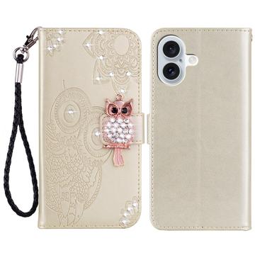 iPhone 16 Eule Strass Wallet Hülle - Gold
