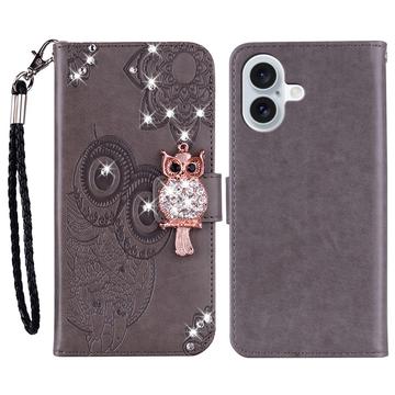 iPhone 16 Eule Strass Wallet Hülle - grau