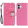 iPhone 16 Eule Strass Wallet Hülle - Hot Pink