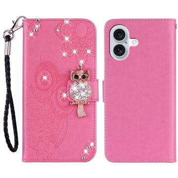 iPhone 16 Eule Strass Wallet Hülle - Hot Pink