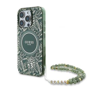 iPhone 16 Pro Guess IML Flowers Allover Electro Hülle mit Perle Riemen - MagSafe kompatibel - Grün