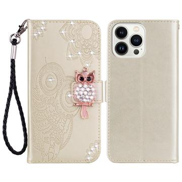 iPhone 16 Pro Max Eule Strass Wallet Hülle - Gold