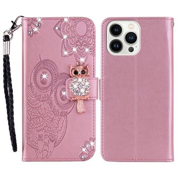 iPhone 16 Pro Eule Strass Wallet Hülle - Roségold