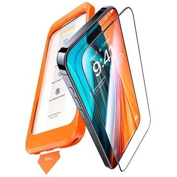 iPhone 16 Pro Torras GlassGo Panzerglas mit automatischem Staubentfernungswerkzeug - Klar