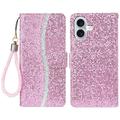 iPhone 16 Stilvolle Glitzer Wallet Hülle - Rosa