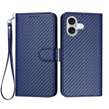 iPhone 17 Premium Wallet Hülle mit Riemen - Kohlefaserstruktur - Carbon blau