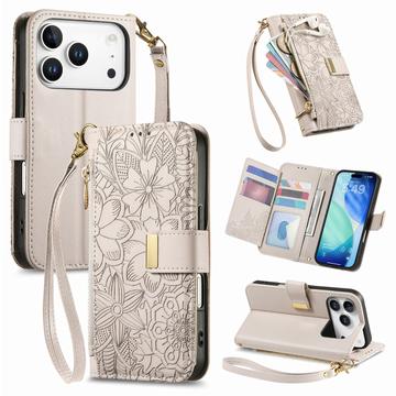 iPhone 17 Pro Wallet Hülle mit Blumen und Blattmuster mit Reißverschlusstasche & Handgelenkband - Weiß