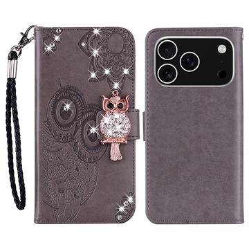 iPhone 17 Pro Eule Strass Wallet Hülle - grau