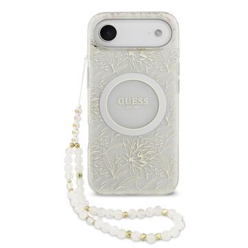 iPhone Air Guess IML Blumen Allover Electro Hülle mit Perle Riemen - MagSafe kompatibel - Weiß